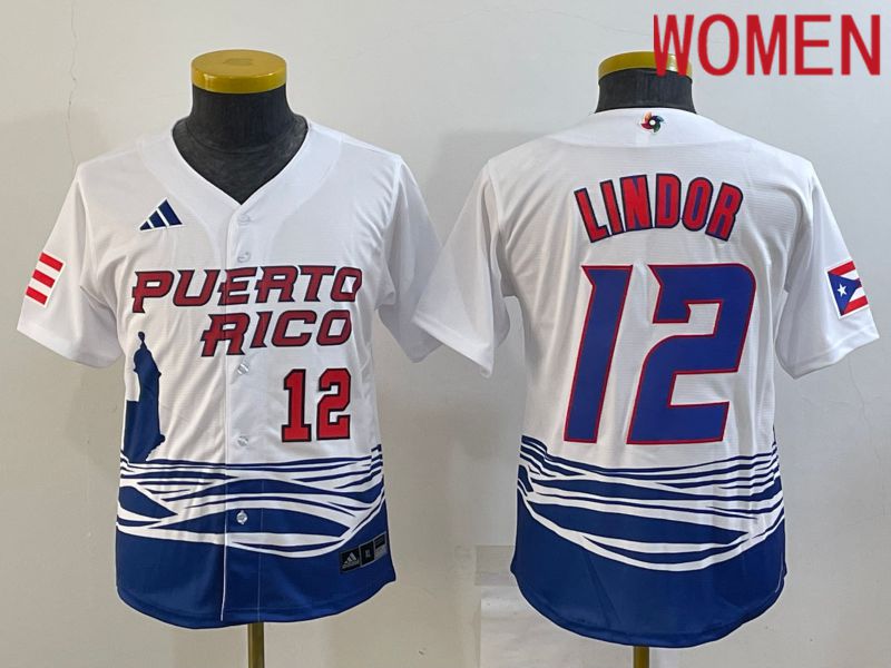 Women 2023 World Cub #12 Lindor White MLB Jersey4